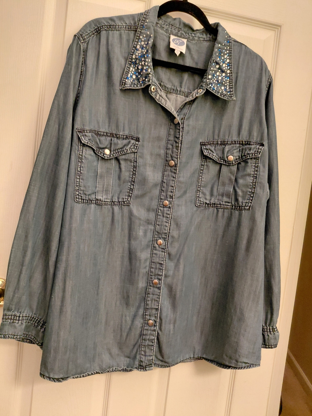 Diane Gilman Light Blue Denim Button-Up Shirt with Jeweled Collar